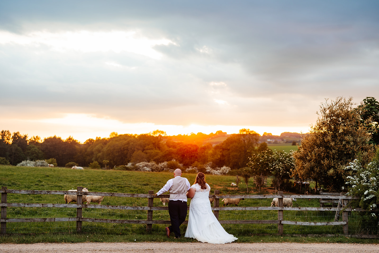 A bride and groom watching the sunset