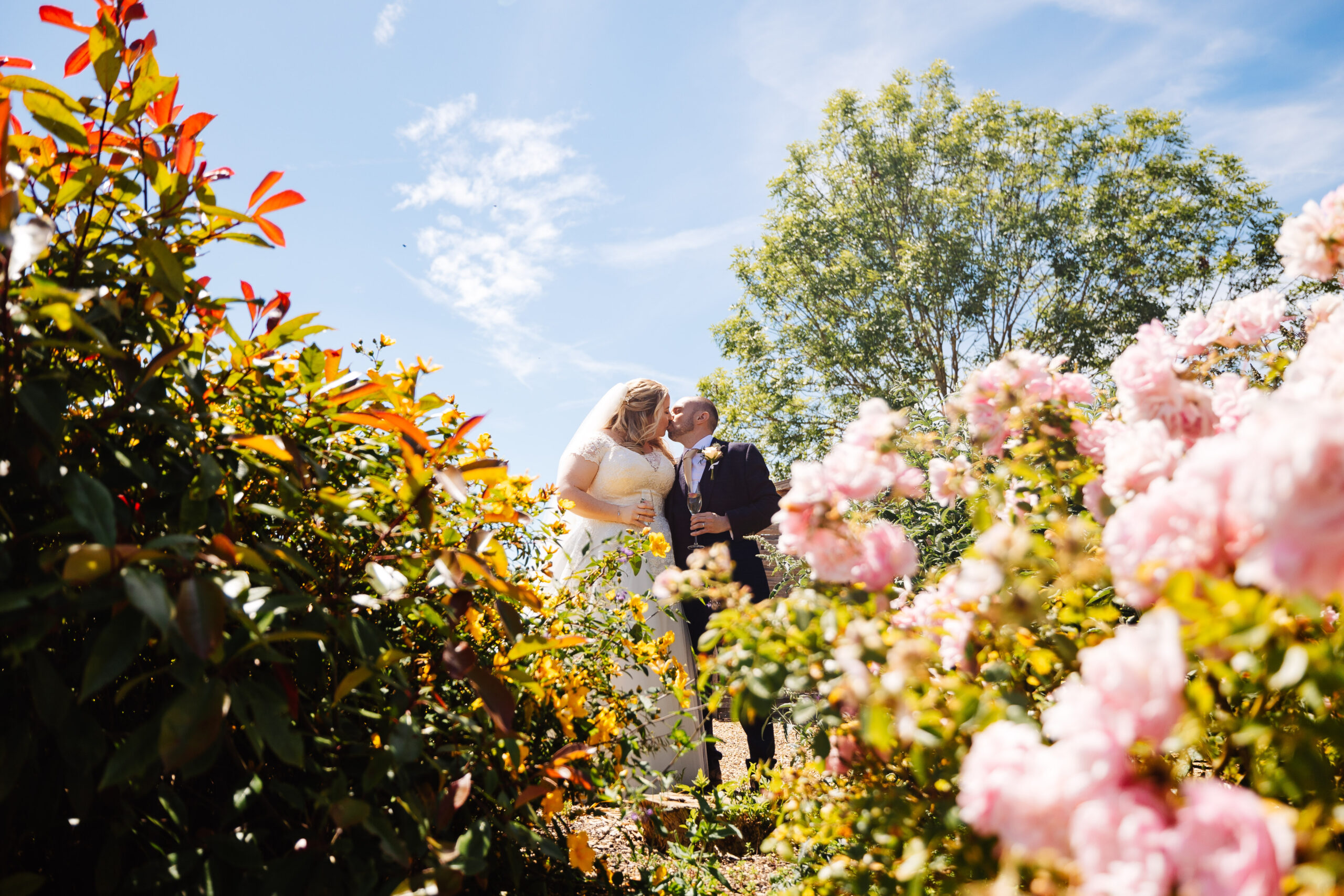 A photo of a vibrant garden with pink flowers and luscious green trees. You can see the bride and groom standing in the middle of this in the distance and they are kissing and holding a glass of champagne.