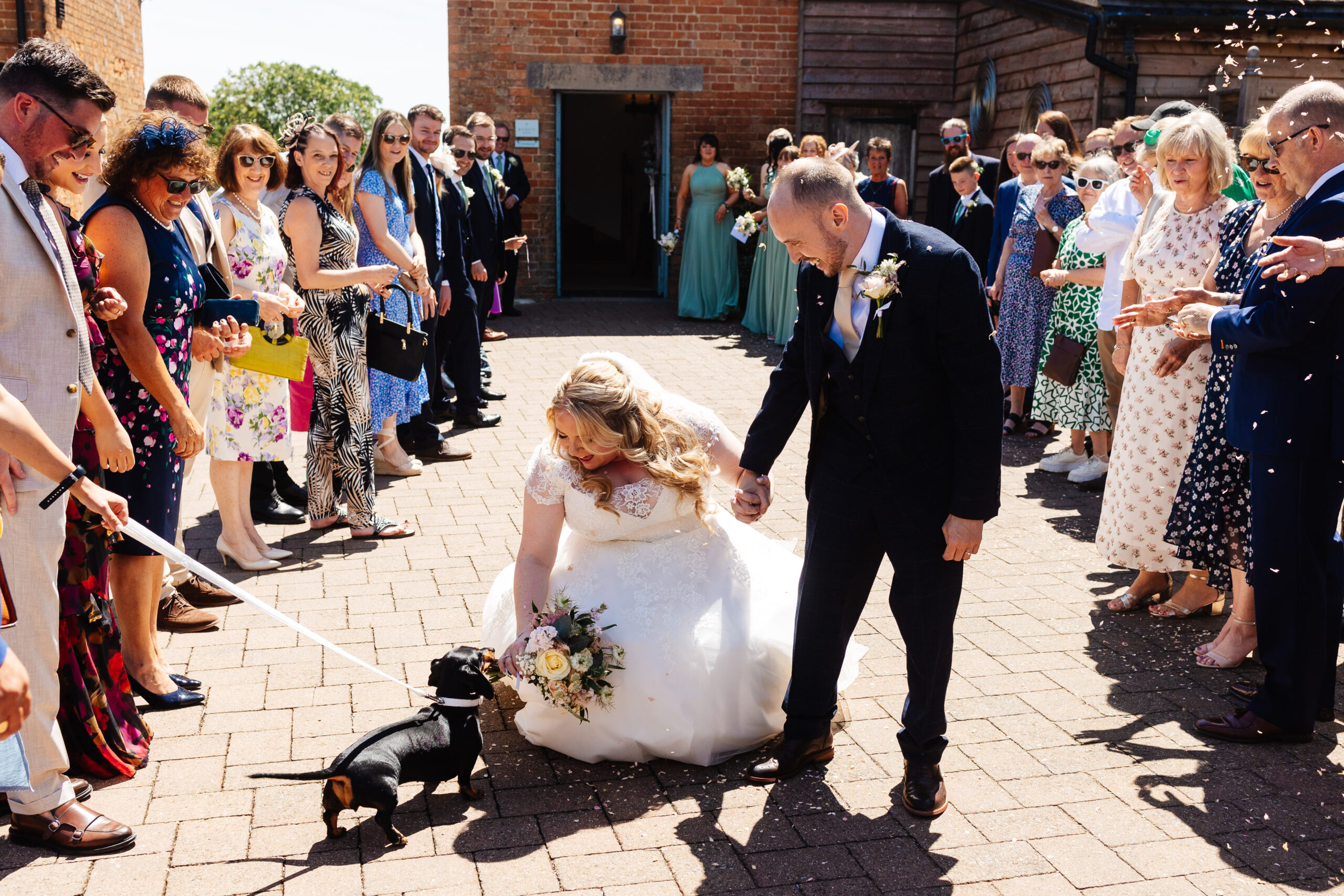 The bride and groom walking through confetti. There is a sausage dog on the floor and he has come to see the couple. The bride is bending down on the floor to stroke it.