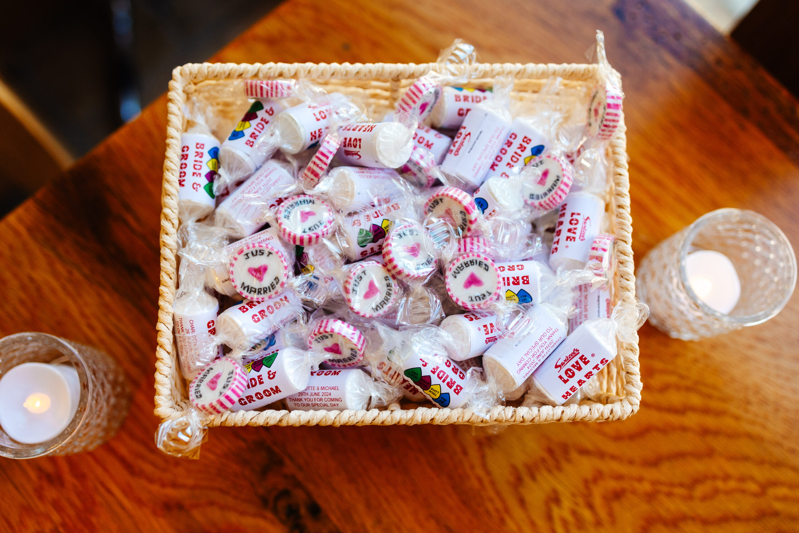 A top down image of a box of love hearts.