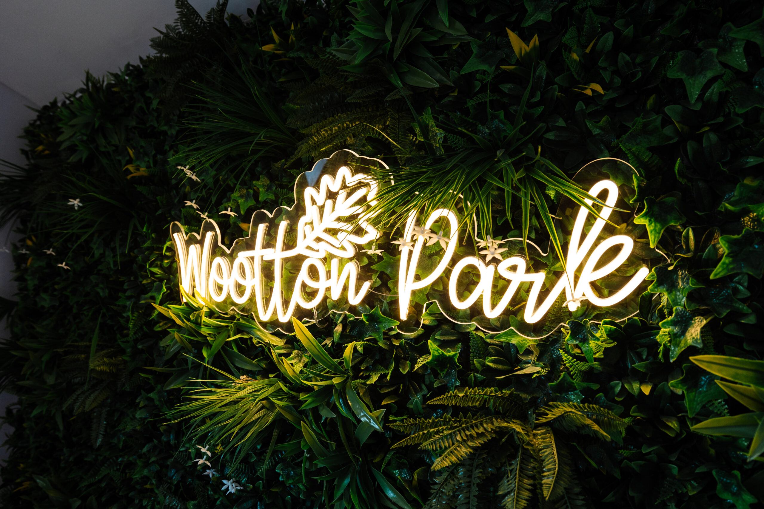 A bright, white neon sign that says Wootton Park. It is hanging on a green, fake plant background.