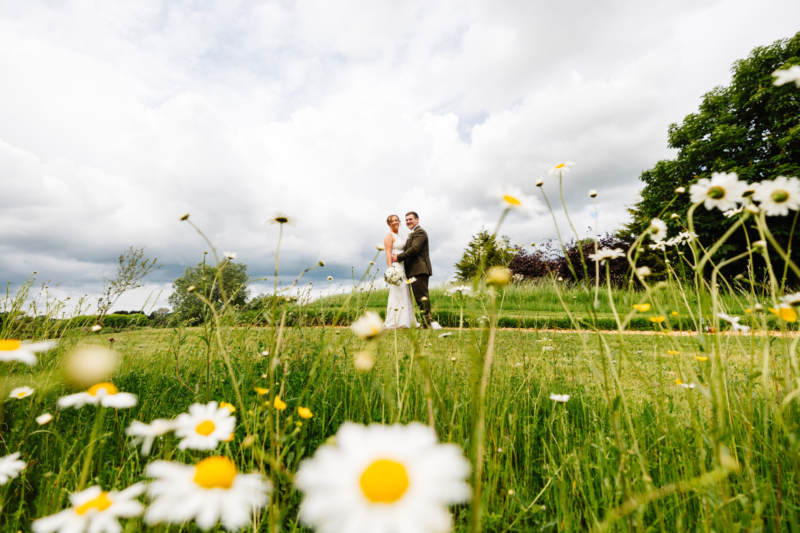 A photo of a bride and groom in a field. They are far in the distance and you can see white daisies at the front of the image.