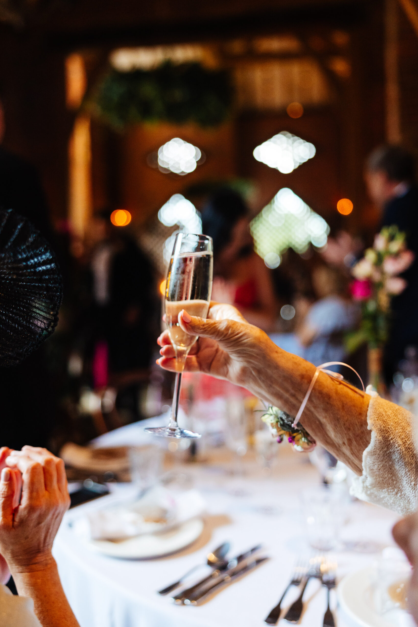 A lady's hand holding a glass of champagne up in a cheers.