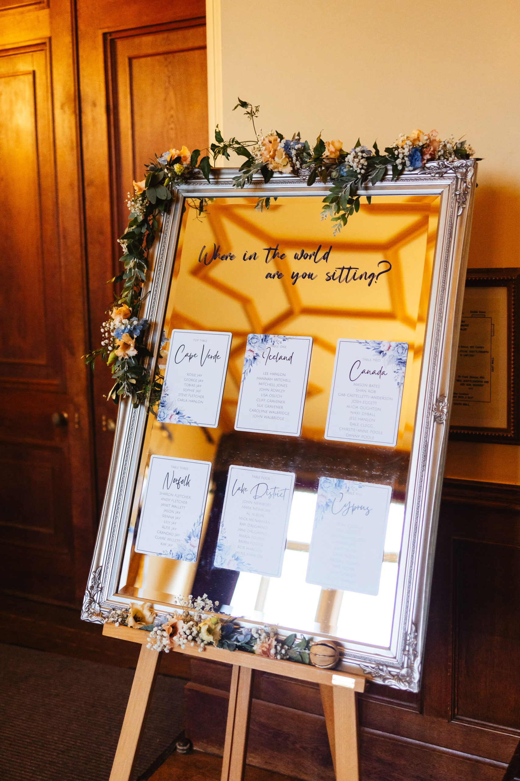 A large mirror with the table seating plan stuck on it. There are six pieces of card on the mirror with names written on it. Hand written on the mirror is "where in the world are you sitting?"