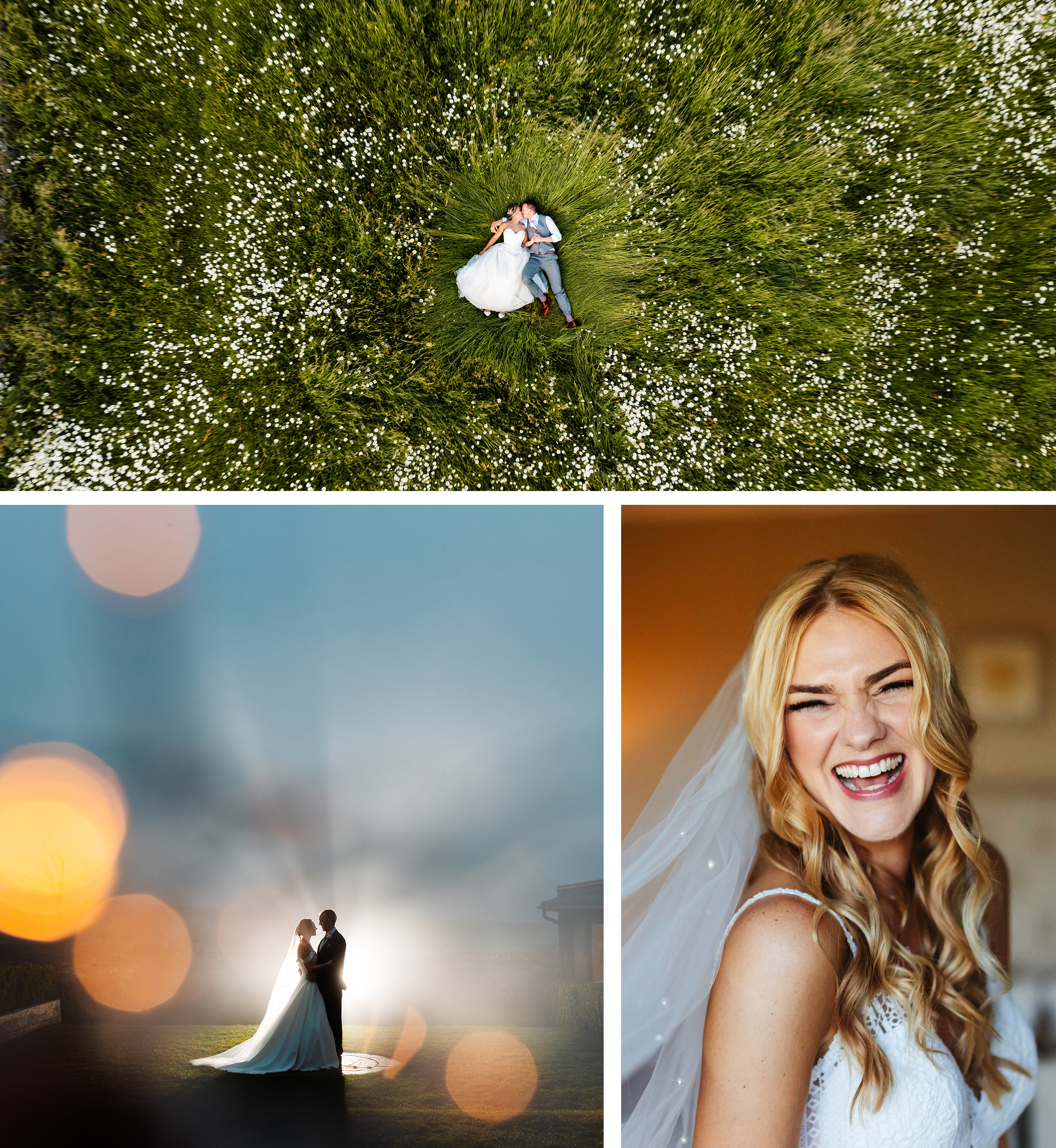 a couple lay in a flower filled field in love a drone hovers above and captures the moment, a bride laughs full of joy, a couple have an intimate moment with fog and fairy lights