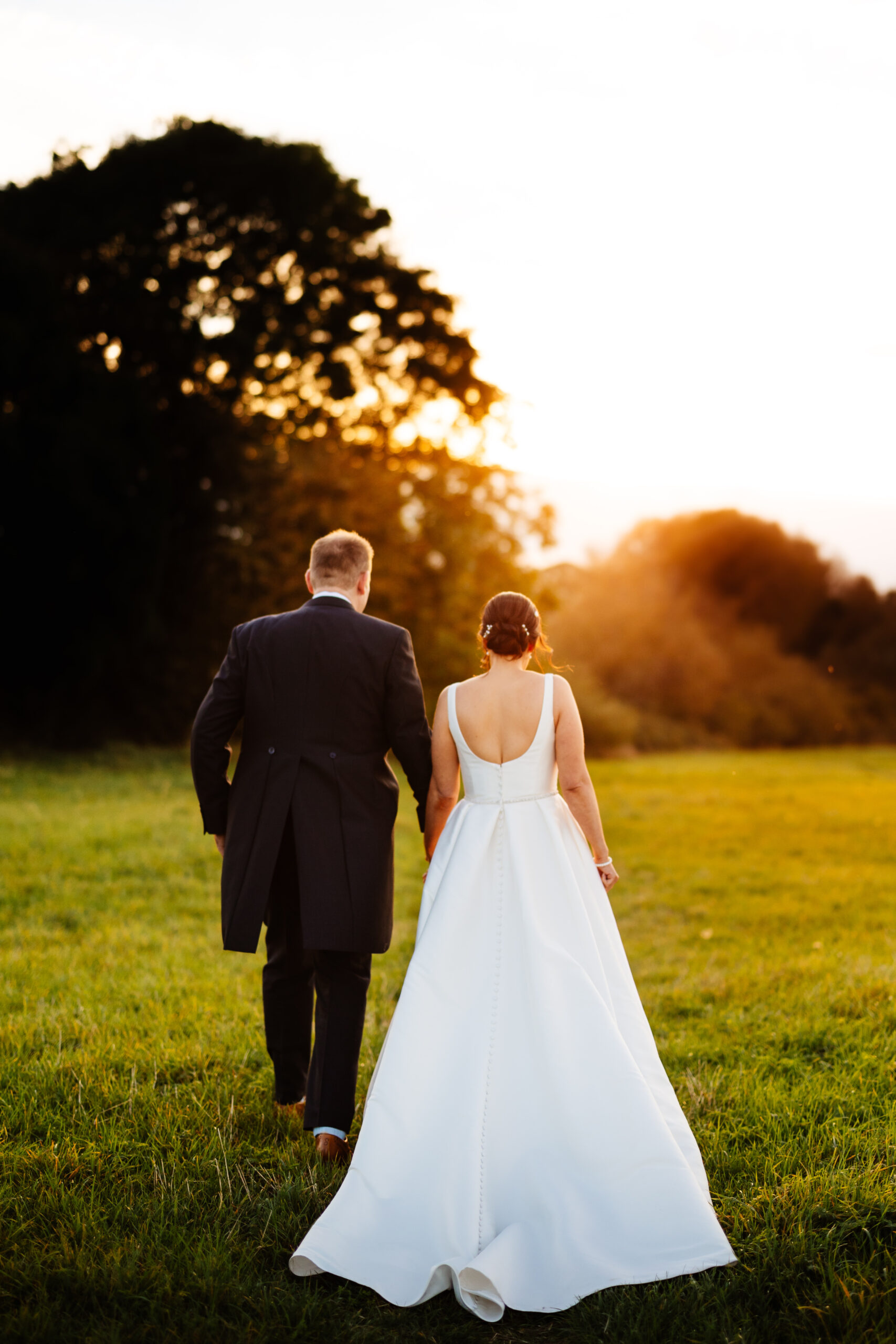 The back of the bride and groom. You can see the glowing sunset in the background. They are holding hands and are standing in a field.