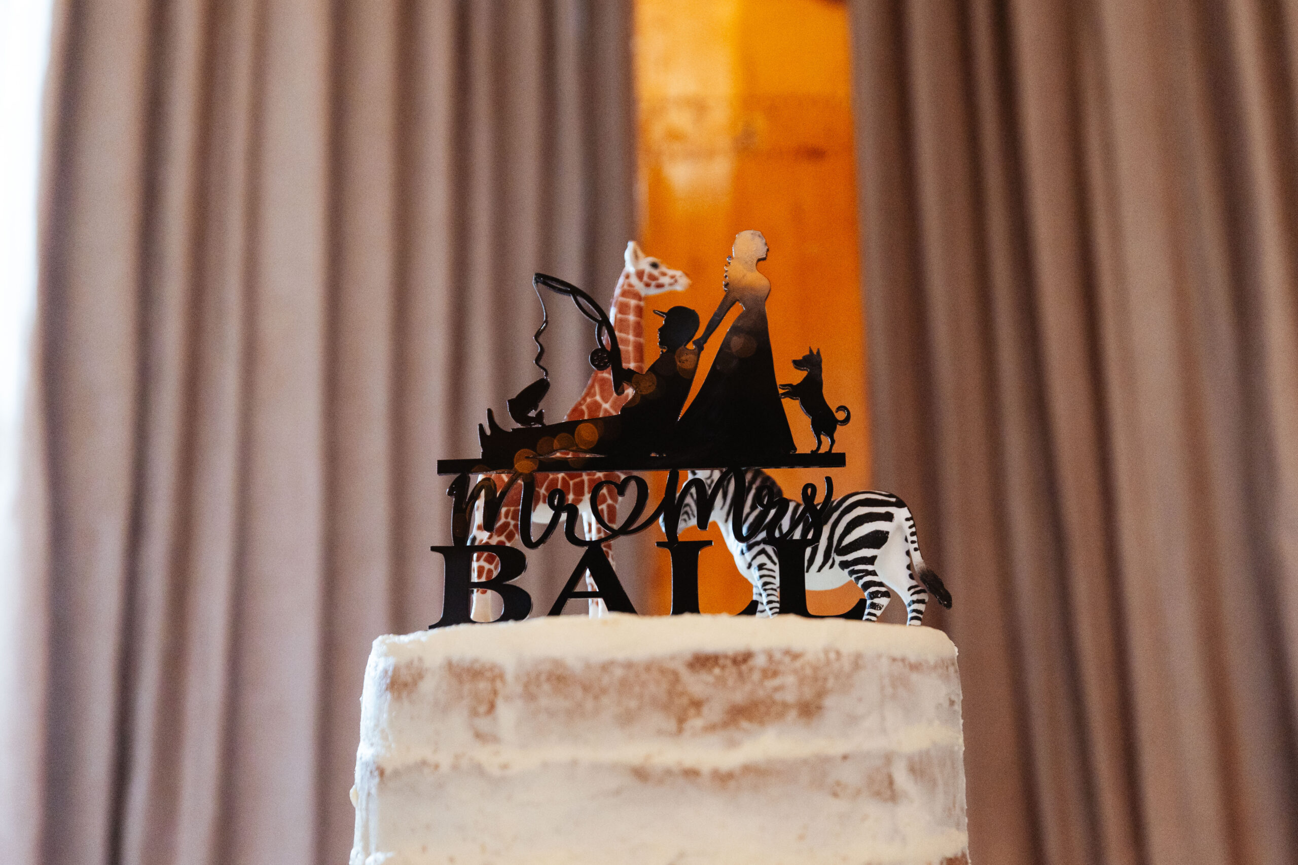 The top of the wedding cake. The cake has naked icing on it and the topper says Mr & Mrs Ball and has a giraffe and a zebra character on it as well as the silhouettes of the bride and groom. The bride has a dog jumping up at her and the groom is sat down fishing.